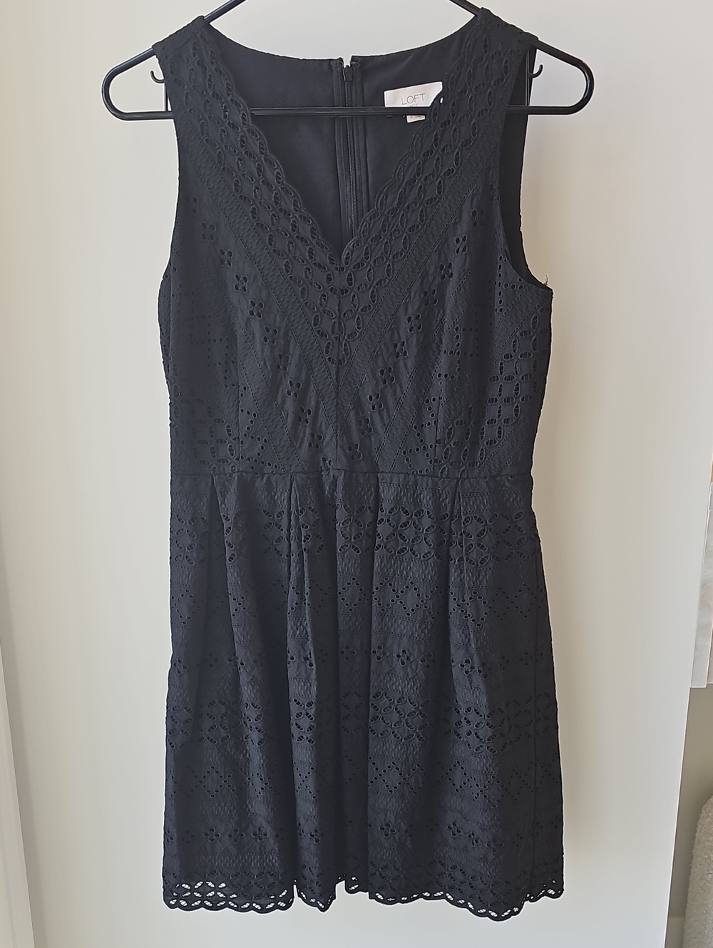 LOFT Black Sleeveless Eyelet V-Neck Fit-and-Flare Dress